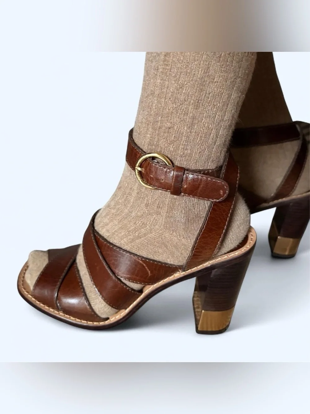 Michael Kors Brown Leather Strappy Block Heel Sandals